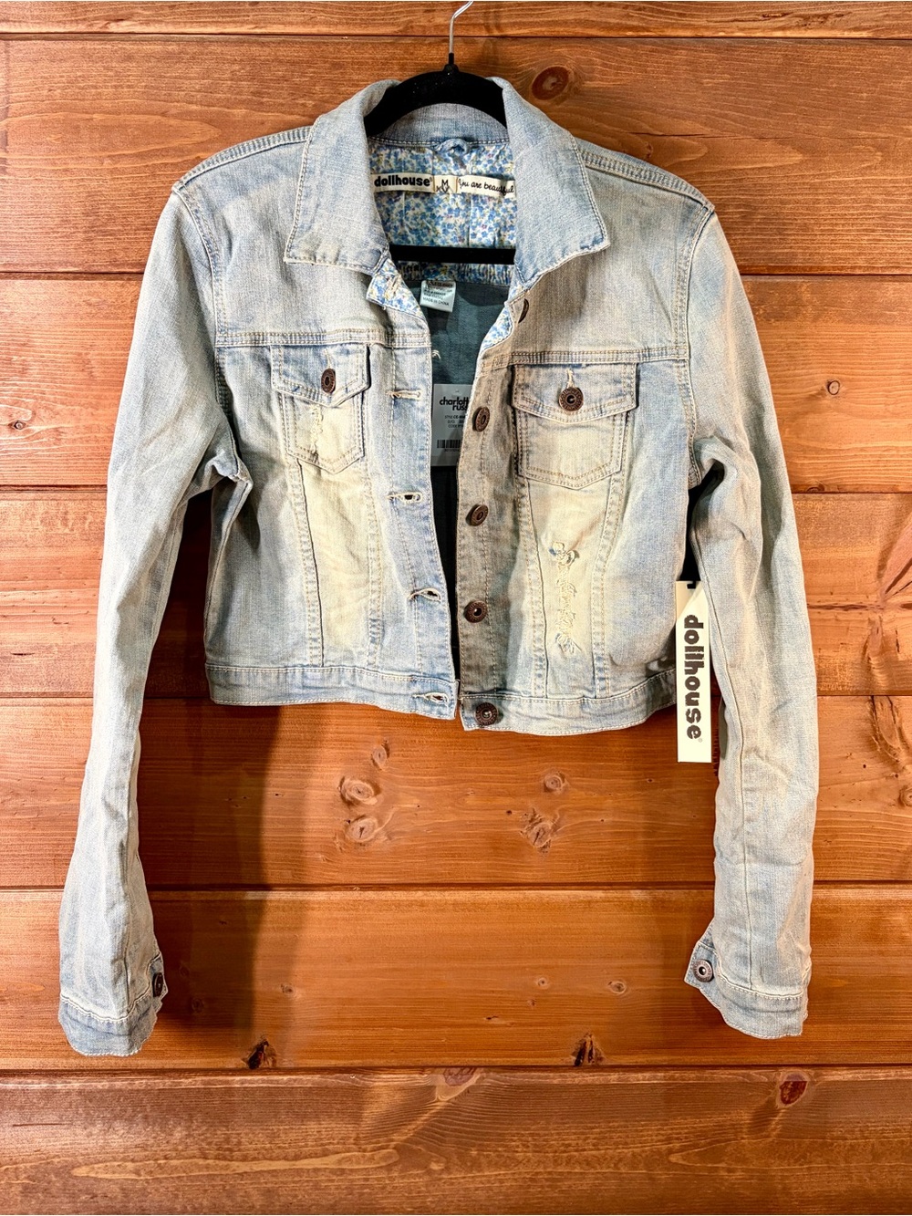 Charlotte Russe Light Blue Distressed Cropped Denim Jean Jacket Size Medium 🩷